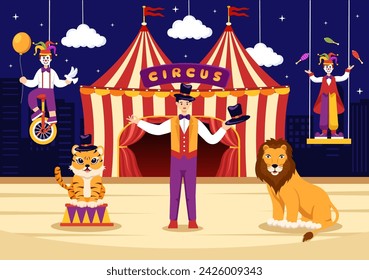 Ilustración vectorial de circo con espectáculo de gimnasta, mago, tigre león animal, anfitrión, artista, payasos y parque de atracciones en fondo plano de dibujos animados