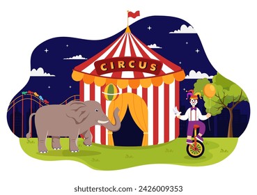 Ilustración vectorial de circo con espectáculo de gimnasta, mago, tigre león animal, anfitrión, artista, payasos y parque de atracciones en fondo plano de dibujos animados