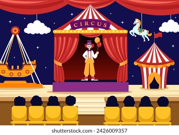 Circus Vector Illustration with Show of Gymnast, Magician, Animal Lion Tiger, Host, Entertainer, Clowns and Amusement Park in Flat Cartoon Background