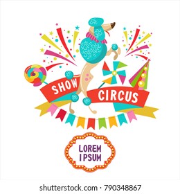 Circus. Vector illustration. A trained poodle. Composition of cliparts. With place for text. Isolated on a white background.