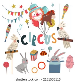 Circus vector illustrations on white background. Circus hand drawn elements. Balloon, clown, rabbit in the hat, parrot, popcorn and stars.