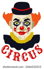 Circus. Vector isolated bright portrait of clown with vintage lettering circus.