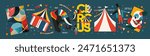 Circus. Vector modern abstract illustrations of a tent with holiday flags, elephant, clown, presenter, objects, logo, pattern for poster, background, flyer, invitation or ticket