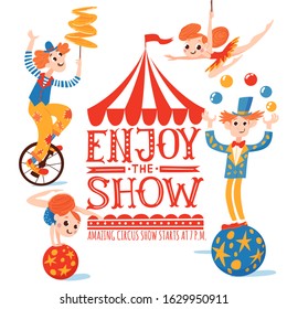 Circus vector poster design with funny cartoon comic characters. Gymnasts, magician, clown and acrobats.