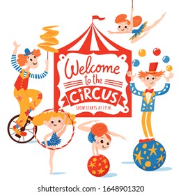 Circus vector poster design with funny cartoon comic characters and lettering. Gymnasts, magician, clown and acrobats.