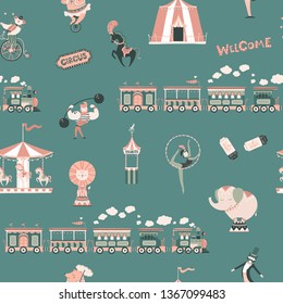 Circus! Vector seamless vintage pattern with train, carousel, awning, elephant, horse, bear, lion, acrobats, magicians and clowns. For textiles, prints, packaging, children's clothing, wallpaper etc.