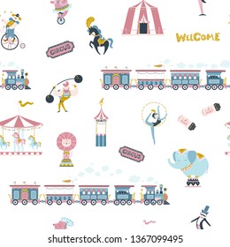 Circus! Vector seamless vintage pattern with train, carousel, awning, elephant, horse, bear, lion, acrobats, magicians and clowns. For textiles, prints, packaging, children's clothing, wallpaper etc.