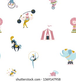 Circus! Vector seamless vintage pattern with awning, elephant, horse, bear, lion, acrobats and clowns. For textiles, prints, packaging, children's clothing, wallpaper etc.