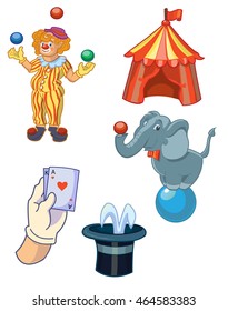 circus . vector set consisting of a juggler clown, an elephant on the ball, a magician, a rabbit in the hat.