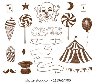 Circus vector set on white isolated background. Circus tent, moon, balloon, ribbon, clown, hat, ice cream, popcorn, lollipops