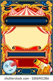 Circus vector theme. Vintage frame with circus tent for kids birthday party invitation or post. Quality template vector illustration.