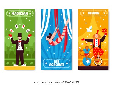 Circus vertical banners with colorful artwork and flat artist characters with stars and decorative text descriptions vector illustration