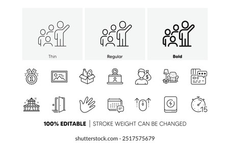 Circus, Video conference and Timer line icons. Pack of Leadership, Photo, Food donation icon. Power bank, Hand, Salary pictogram. Swipe up, Message, Approved. Packing things, Door, Card. Vector