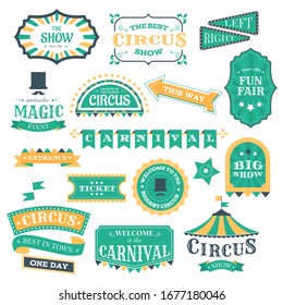 Circus vintage badges. Magic circus carnival retro signs, circus show invitation elements and festival fair event vector illustration icon set. Circus carnival, entertainment show sticker illustration