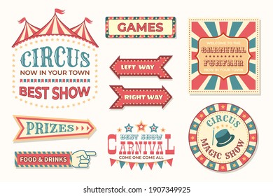 Circus vintage banner. Carnival retro signs. Colorful collection of stylized pointers. Signboards and welcome posters for festival. Old-fashioned billboards for fair cafe and festive show, vector set