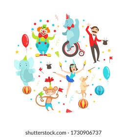 Circus and Vintage Carnival Elements of Round Shape, Amusement Park Banner Template Vector Illustration