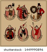 Circus Vintage Collection. The Lion Tamer, The Clown, The Circus Strong Woman, The Circus Magician, The Circus Fire Eater, The Gymnast Girl. Vector illustration. 