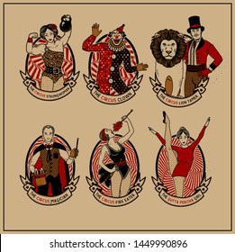 Circus Vintage Collection. The Lion Tamer, The Clown, The Circus Strong Woman, The Circus Magician, The Circus Fire Eater, The Gymnast Girl. Vector illustration. 