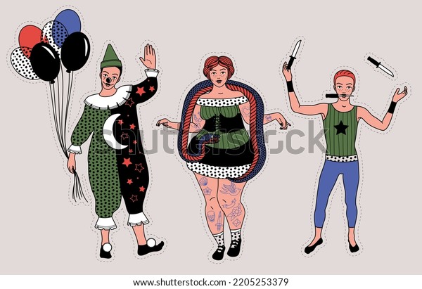 Circus. Vintage icons\
collection. The Clown, The Snake Lady,The Knife Thrower. Vector\
illustration.