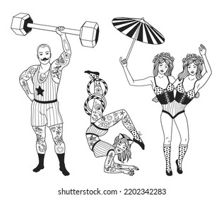 Circus. Vintage icons collection. The strong man, The siamese twins,The Gymnast Girl . Vector illustration.