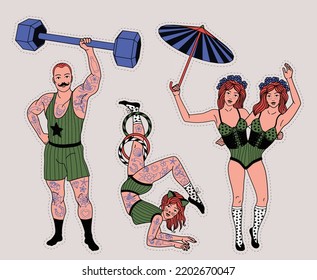 Circus. Vintage icons collection. The strong man, The siamese twins,The Gymnast Girl . Vector illustration.