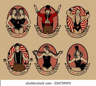 Circus. Vintage icons collection. The strong man, The siamese twins, The  Entertainer, The  Air Acrobat, The Snake Lady, The Juggler. Vector illustration. 