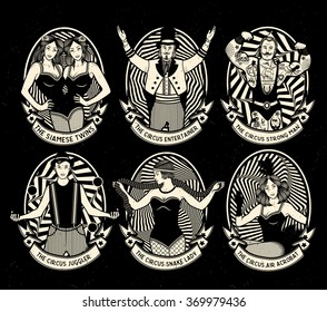 Circus. Vintage icons collection. The strong man, The siamese twins, The Entertainer, The  Air Acrobat, The Snake Lady, The Juggler. Vector illustration.