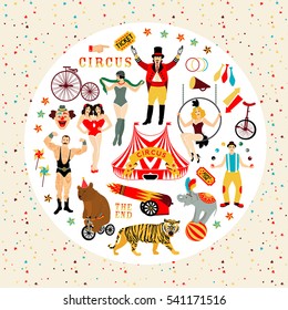Circus. Vintage icons collection. The strong man, The siamese twins, The Circus Entertainer, The Circus Air Acrobat, The Snake Lady, The Juggler. Vector illustration.