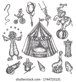 Circus vintage icons set. Hand drawn sketch of animals and amusement Vector illustrations of performens