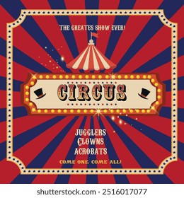 Cartaz vintage de circo com tenda de carnaval, chapéu de bruxo e estrelas. Modelo de cartaz de convite retrô para circo, evento de carnaval mostrar em vermelho e azul vintage cores