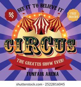 Circus vintage poster with Carnival Tent. Retro invitation poster template for circus, carnival event show in blue vintage colors