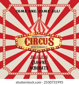 Circus vintage poster with Carnival Tent and golden shining marquee billboard for decoration. Retro invitation poster template for circus, carnival event show in green vintage colors