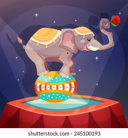 Circus vintage poster with elephant acrobat balanced on ball vector illustration