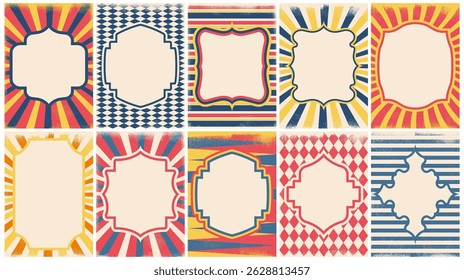 Circus vintage poster. Retro carnival frame with striped tent geometric pattern, old circus advertisement and invitation banners with empty borders. Vector carnival framing set.