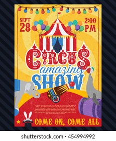 Circus vintage poster with tent animals on yellow swirl background  with black textural bottom layer vector illustration