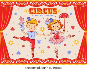 Circus vintage poster with  two circus artists. 