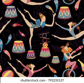 Circus vintage seamless pattern. Acrobat, clown, carnival show actors vector. Retro circus pattern vintage style