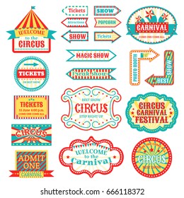 Circus vintage signboard labels banner vector illustration isolated on white entertaining banner sign