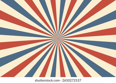 Circus vintage tent background. Retro sun rays pattern. Vintage starburst poster. Star burst radial lines texture. Red stripes. Circus, carnival, summer fair backdrop. Vector illustration.