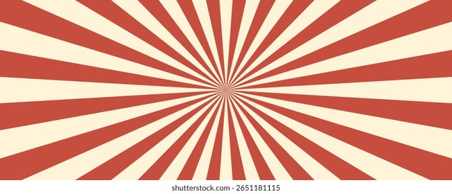 Circus vintage tent background. Retro sun rays pattern. Vintage starburst poster. Star burst radial lines texture. Red stripes. Circus, carnival, summer fair backdrop. Vector illustration.