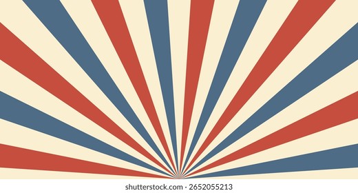 Circus vintage tent background. Retro sun rays pattern. Vintage starburst poster. Star burst radial lines texture. Red stripes. Circus, carnival, summer fair backdrop. Vector illustration.