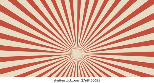 Circus vintage tent background. Retro sun rays pattern. Vintage starburst poster. Star burst radial lines texture. Red stripes. Circus, carnival, summer fair backdrop. Vector illustration.