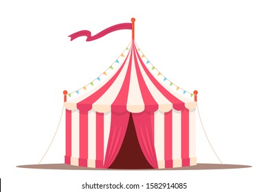 Circus vintage tent flat vector illustration. Amusement, entertainment industry. Classic red and yellow marquee isolated design element. Carnival, funfair, festival. Cartoon striped pavilion