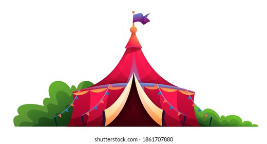 Circus vintage tent flat vector illustration. Amusement, entertainment industry. Classic red and yellow marquee isolated design element. Carnival, funfair, festival. Cartoon pavilion with flag