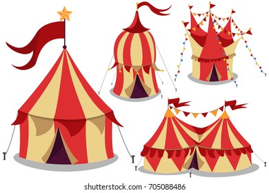 Circus vintage tent vector cartoon flat icon set isolated on white background.