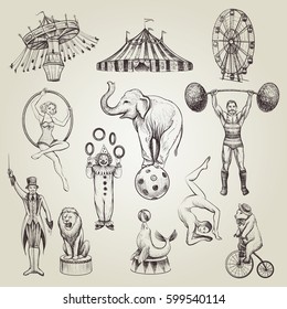 Circus vintage vector illustrations set. Hand drawn sketch of animals, attractions, circus actor characters.