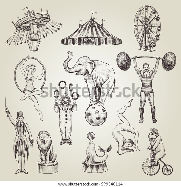 Ensemble D Illustrations Vintage De Cirque Dessin Image Vectorielle De Stock Libre De Droits