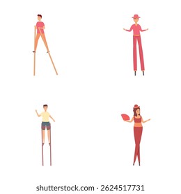 Circus walker icons set cartoon vector. Young people walking on stilt. Circus and street art