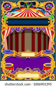 Circus wallpaper theme. Vintage frame with circus tent for kids birthday party invitation or post. Quality template vector illustration.