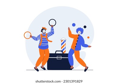 Circus web concept with character scene. Clowns perform entertainment, juggle and show tricks on concert. People situation in flat design. Vector illustration for social media marketing material.